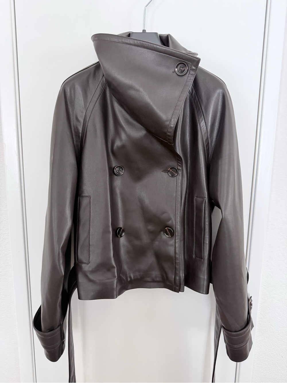 Mango Double-Breasted Brown Faux Leather Jacket with High Collar